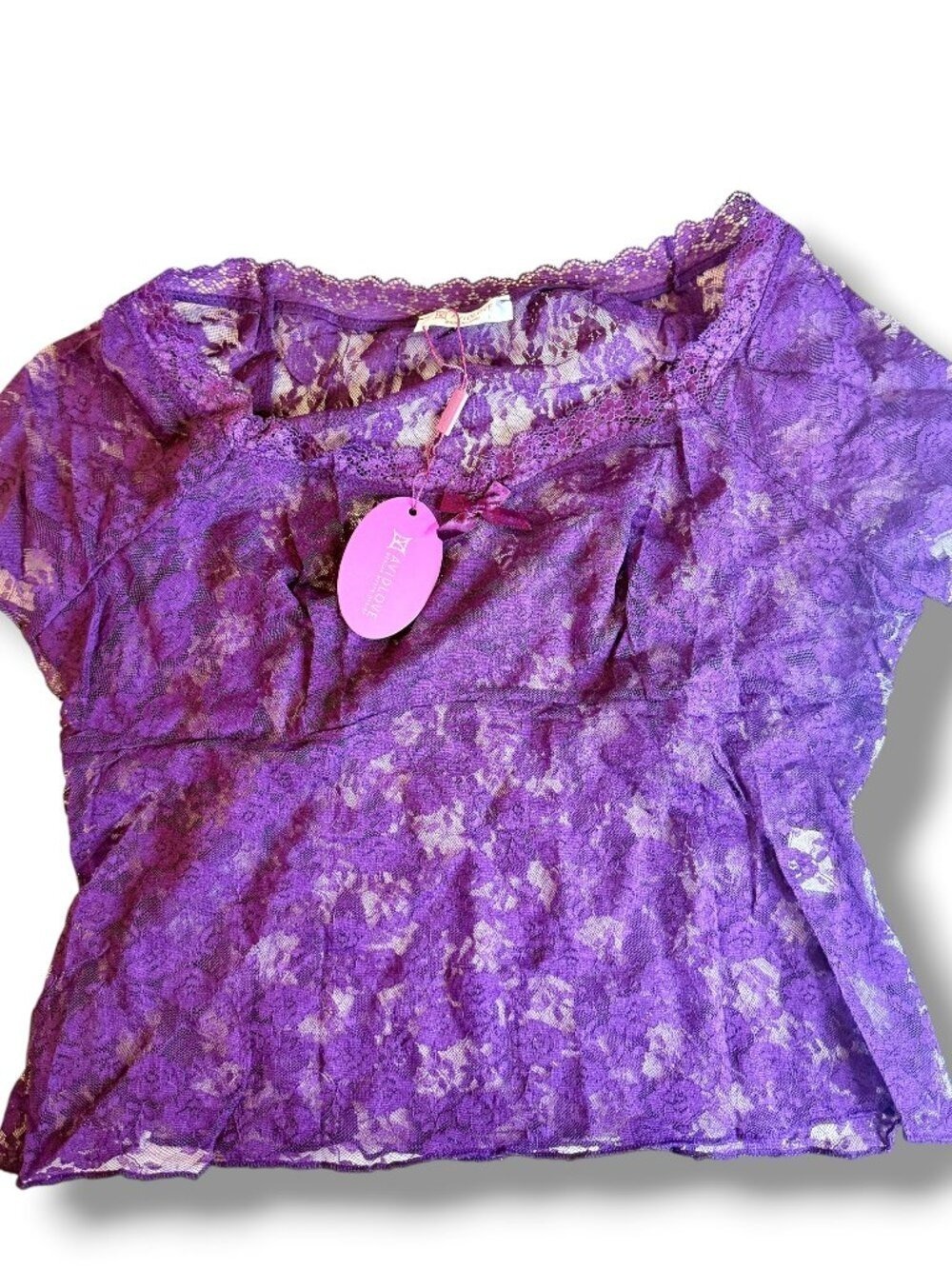 Avidlove Purple Floral Lace Short Sleeve Top Large